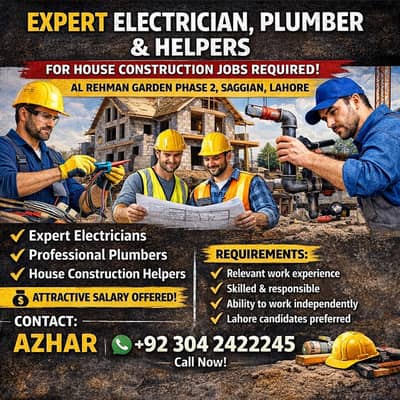 Title:Expert Electrician, Plumber  Workers Required – Lahore