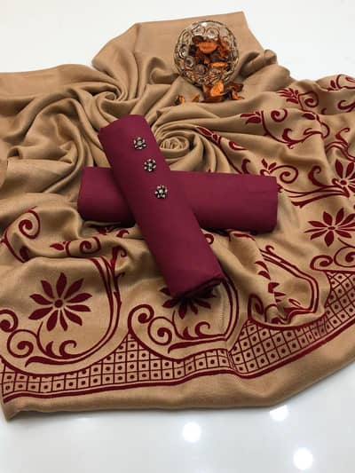 Brosha pashmina 3d velvet strip shawl with Dhanak shirt &trouser