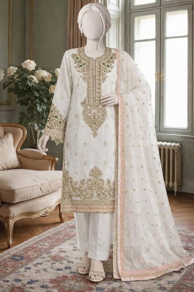 3 Pcs Stitched Raw Silk Women Suite