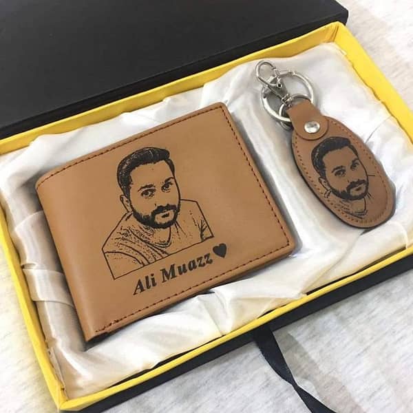 Personalized Engraved Wallet and Keychain Set with Custom Name and Picture in Gift Box