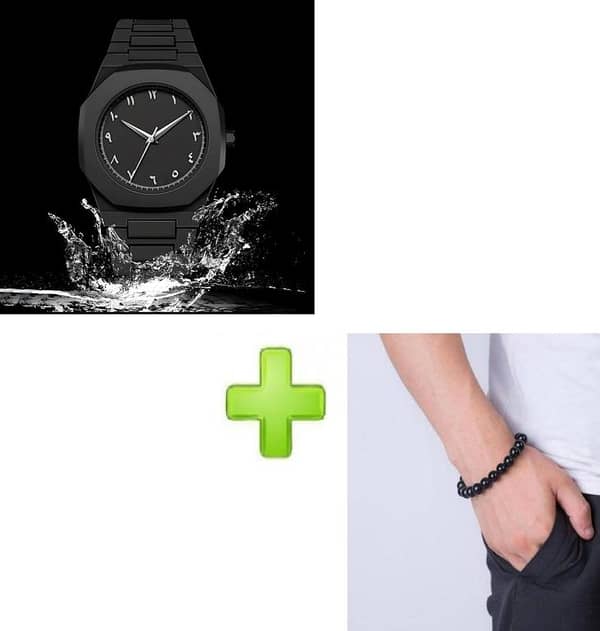 Pack of 02 - Black arabic aura watch for men black dial with Arabic numerals fiber Steel chain unisex Butterfly Clasp Aura Smart Watch with Amazing Band