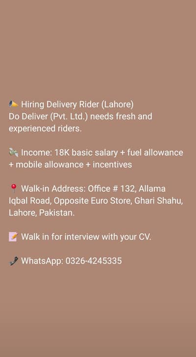 Hiring Delivery Rider (Lahore)