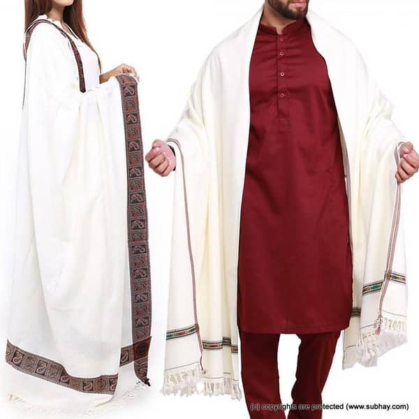 Couple Shawls White Kashmiri 4 Border & Pure Acro-Woolen Dhussa Shawls