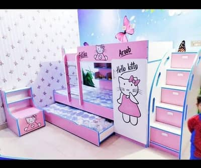 triple bunk bed with attached cupbord