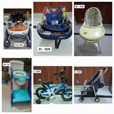 Kids Pram | Kids pushing Walker | High Chair | Car seater |  Cycles