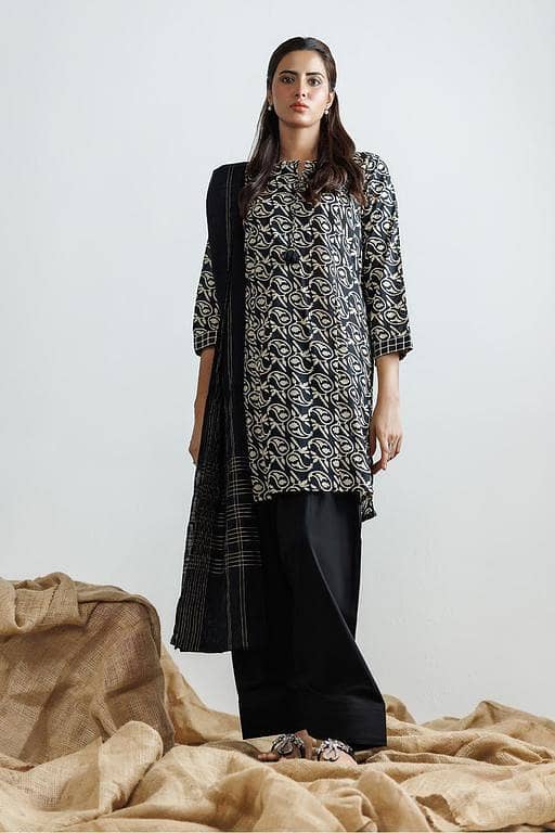 LAD-03121 | Black & Fawn | Casual 3 Piece Suit | Cotton Printed Lawn