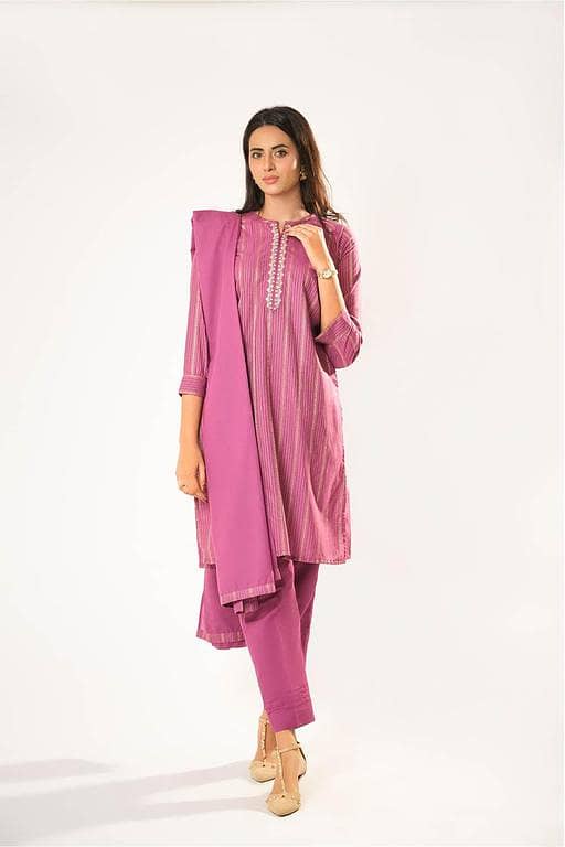 Women winter clothes | S. Pink & Gold | Casual 3 Piece Suit | Cotton Karandi Dobby  | LAD-03211