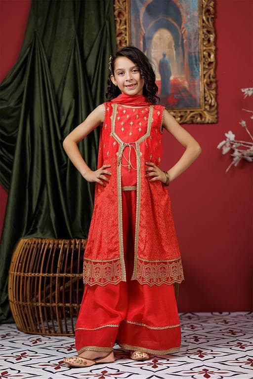 KDD-03072 | Dark Peach & Gold | Formal 3 Piece Suit | Viscose Raw-Silk