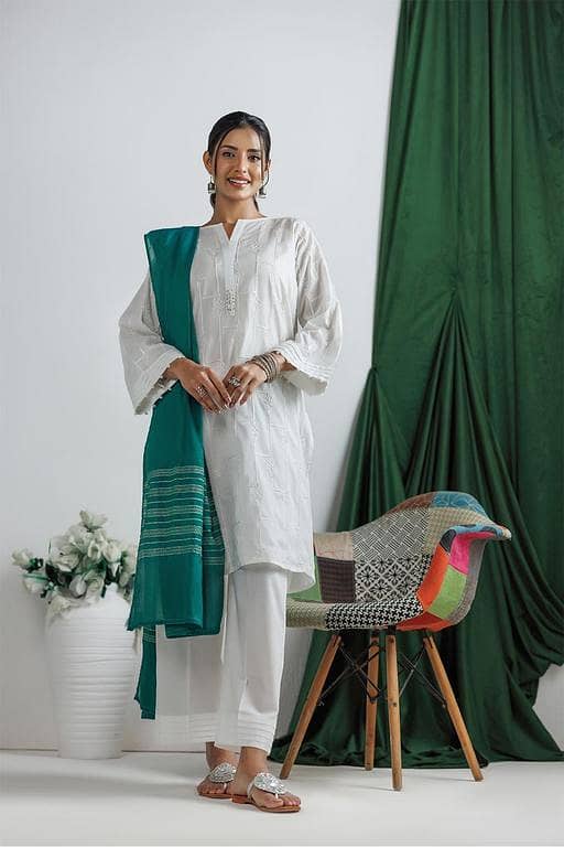 LAD-03145 | White | Casual 3 Piece Suit | Plain Cotton