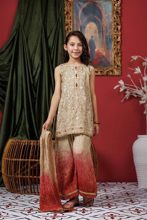 Kids formal clothes | Beige & Gold | Formal 3 Piece Suit | Polyester Shimmer Crinkle | KDD-03055