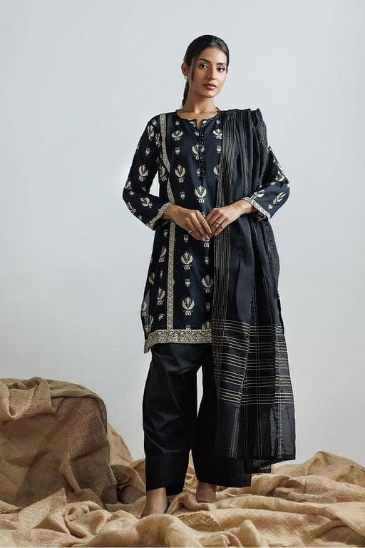 LAD-03122 | Black & Fawn | Casual 3 Piece Suit | Cotton Printed Lawn