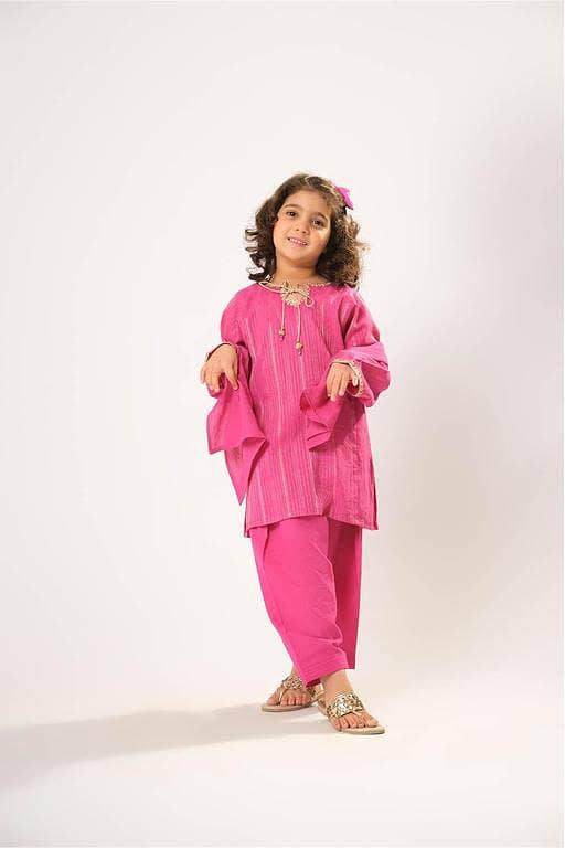 Kids winter clothes | Shocking Pink & Gold | Casual 3 Piece Suit | Cotton Karandi Dobby  | KAD-03218
