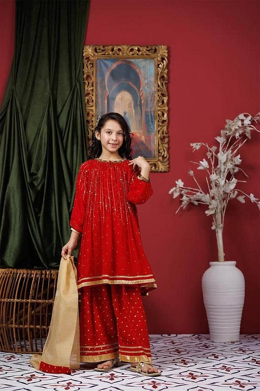 Kids formal clothes | Red & Gold | Formal 3 Piece Suit | Viscose Crinkle Chiffon | KDD-03068