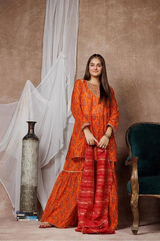 Girls formal clothes | Orange & Multicolor | Formal 3 Piece Suit  | Cotton Organza | GDD-03116