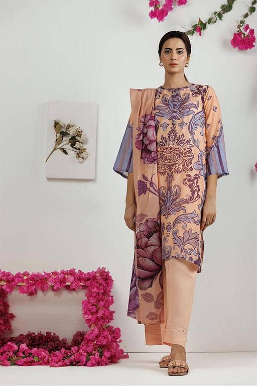LAD-03100 | Peach & Multicolor | Casual 3 Piece Suit | Cotton Lawn Printed