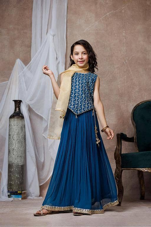 Kids formal clothes | Turquoise Blue & Golden | Formal 3 Piece Suit | Viscose Crinkle Chiffon | KDD-03065