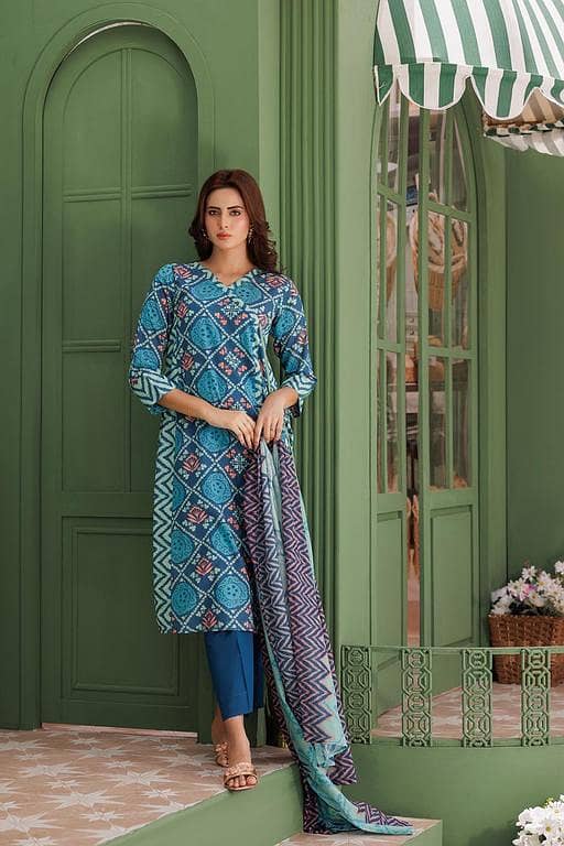 LAD-03037 | Blue & Multicolor | Casual 3 Piece Suit | Cotton Lawn Printed