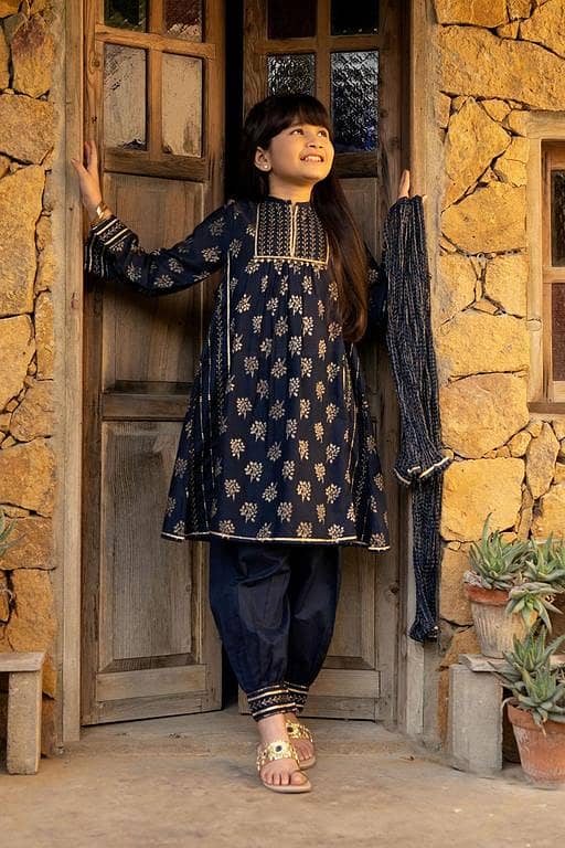 KBD-03048 | Blue & Gold | Casual Plus 3 Piece Suit | Cotton Jacquard