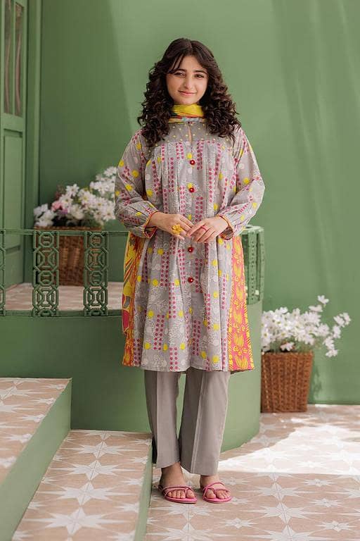 GAD-03045 | Grey & Multicolor | Casual 3 Piece Suit | Cotton Lawn Printed