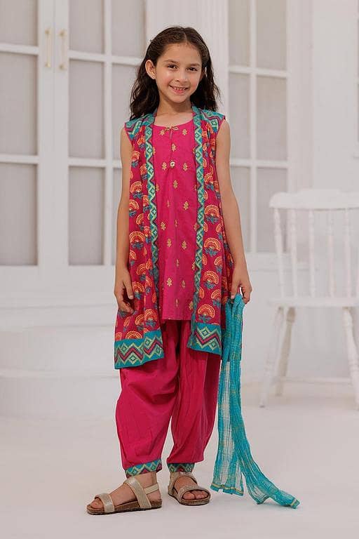 KBD-03025 | Shocking Pink & Multicolor | Casual Plus 3 Piece Suit | Cotton Gold Printed