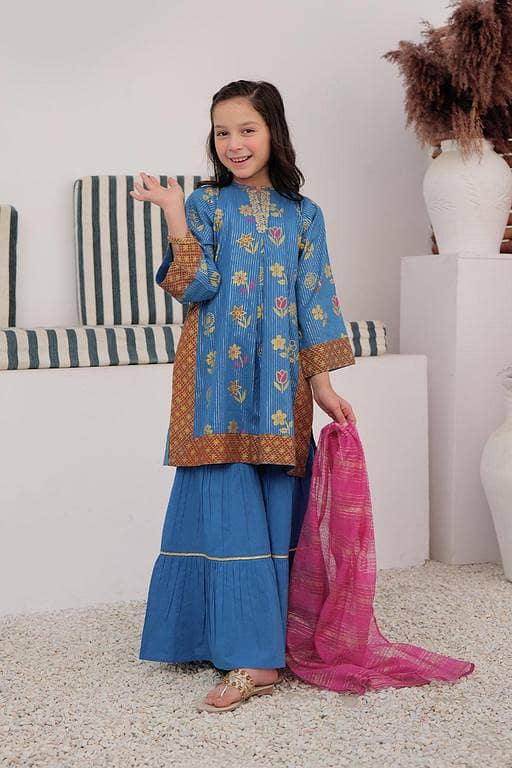 KBD-03035 | Blue & Multicolor | Casual Plus 3 Piece Suit | Cotton Dye Over Gold Printed