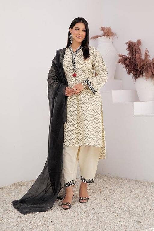 LAD-03005 | Cream & Black | Casual 3 Piece Suit | Cotton Jacquard