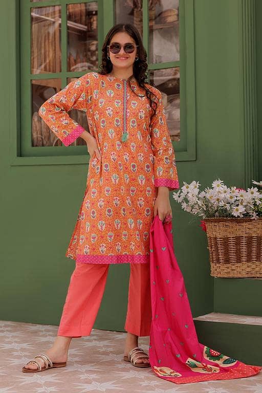 GAD-03044 | Peach & Multicolor | Casual 3 Piece Suit | Cotton Lawn Printed