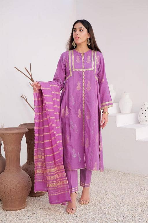 LBD-02894 | Purple & Gold | Casual Plus 3 Piece Suit | Cotton Jacquard
