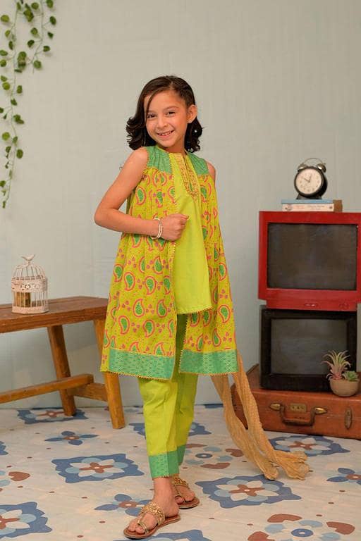 KBD-02956 | Parrot Green & Multicolor | Casual Plus 3 Piece Suit | Cotton Gold Lawn Print