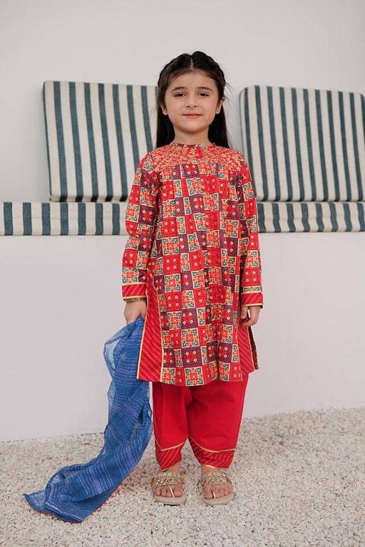 KBD-03040 | Red & Multicolor | Casual 3 Piece Suit | Cotton Gold Lawn Printed