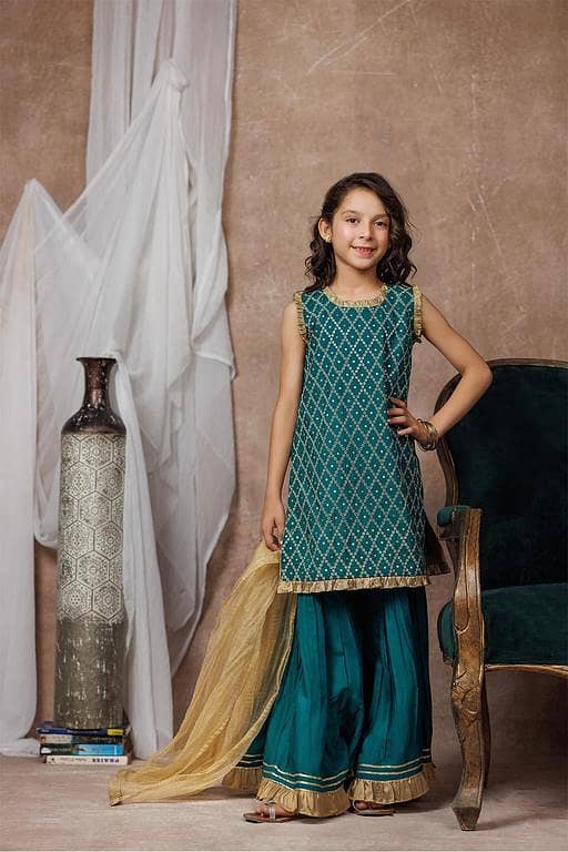 KDD-03053 | Turquoise Green & Golden | Formal 3 Piece Suit | Viscose Raw-Silk