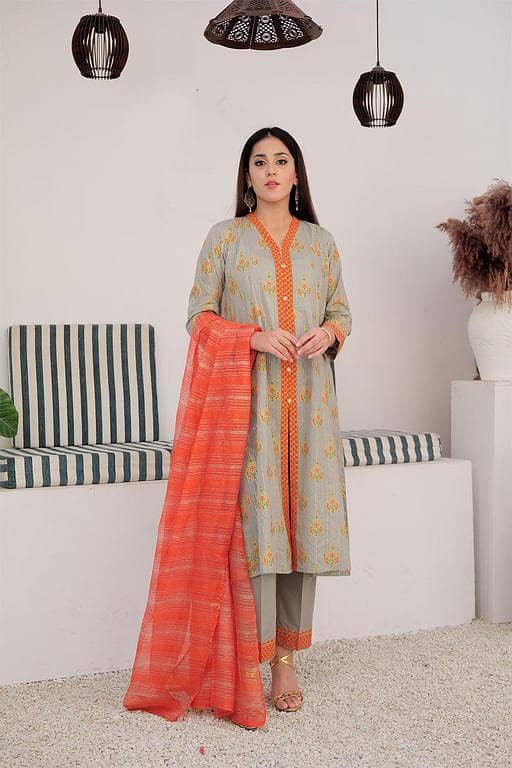 LBD-03036 | Grey & Multicolor | Casual Plus 3 Piece Suit | Cotton Dye Over Gold  Printed