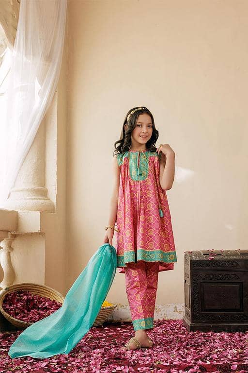 KBD-02978 | Shocking Pink & Gold | Casual Plus 3 Piece Suit | Cotton Dobby Gold Print