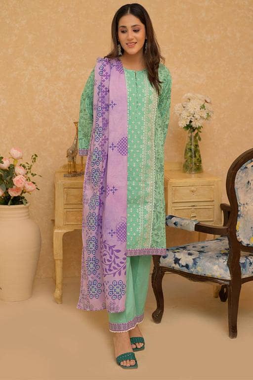 LAD-02731 | Sea Green & Multicolor | Casual 3 Piece Suit | Cotton Lawn Printed