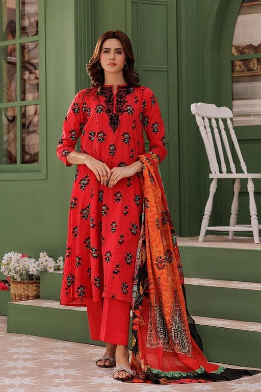 LAD-03013 | Red & Multicolor | Casual 3 Piece Suit | Cotton Lawn Printed