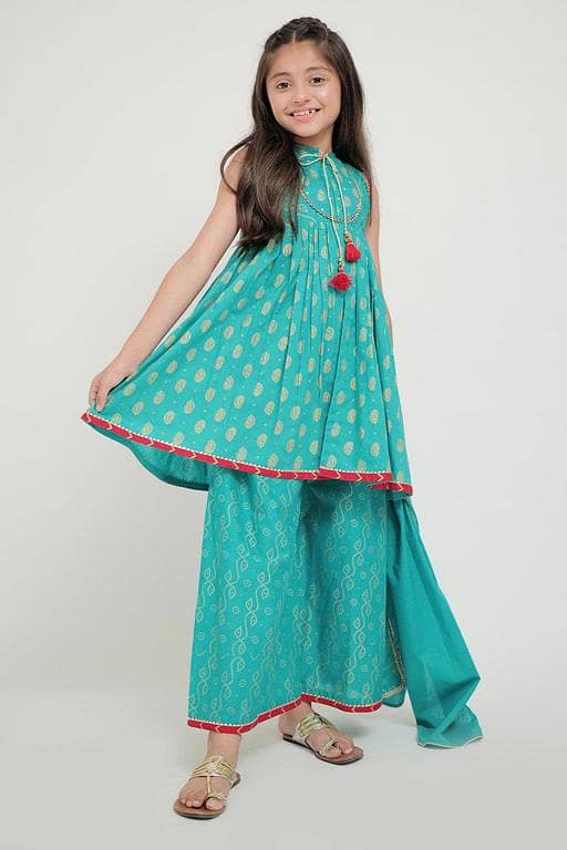 KAD-02634 | Turquoise Green & Golden | Casual 3 Piece Suit | Cotton Plain Cambric