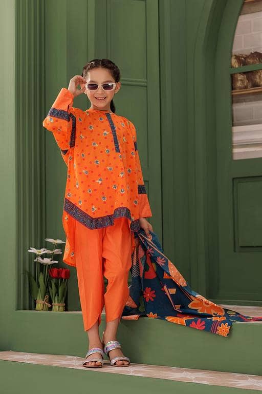 KAD-03131 | Orange & Multicolor | Casual 3 Piece Suit | Cotton Lawn Printed