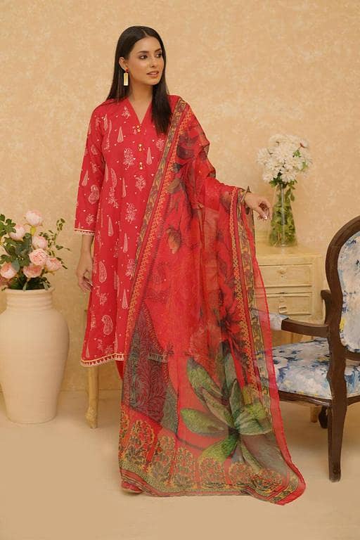 LAD-02730 | Red & Multicolor | Casual 3 Piece Suit | Cotton Lawn Printed