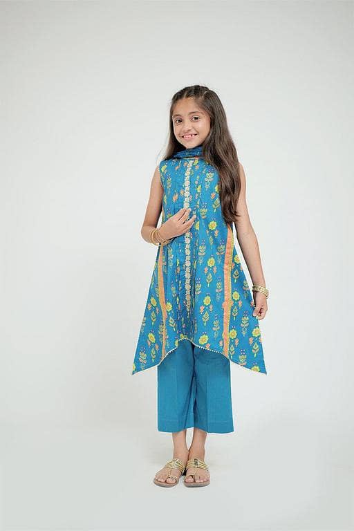KBD-02694 | Light Blue Multicolor | Casual Plus 3 Piece Suit | Cotton Gold Print Lawn