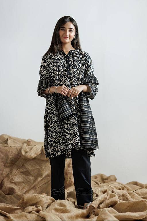 GAD-03161 | Black & Fawn | Casual 3 Piece Suit | Cotton Lawn Printed