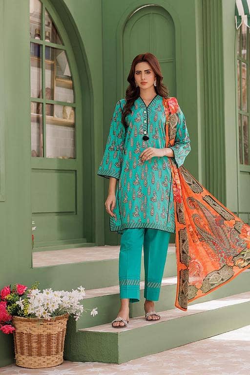 LAD-03077 | Sea Green & Multicolor | Casual 3 Piece Suit | Cotton Lawn Printed