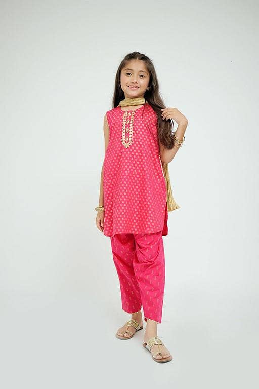 KAD-02633 | Shocking Pink & Gold | Casual 3 Piece Suit | Cotton Plain Cambric