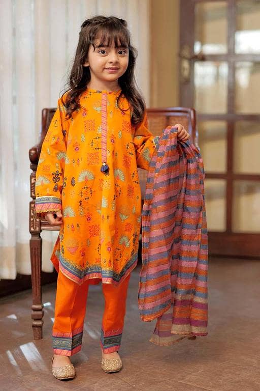 KBD-02325 | Orange & Multicolor | Casual 3 Piece Suit | Cotton Gold Printed Lawn