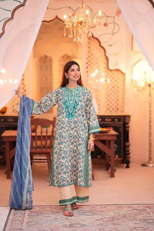 LAD-02335 | Fawn & Multicolor | Casual 3 Piece Suit  | Cotton Lawn Printed