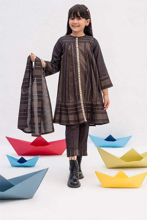 KAD-02442 | Black & Golden | Casual 3 Piece Suit | Karandi Fabric