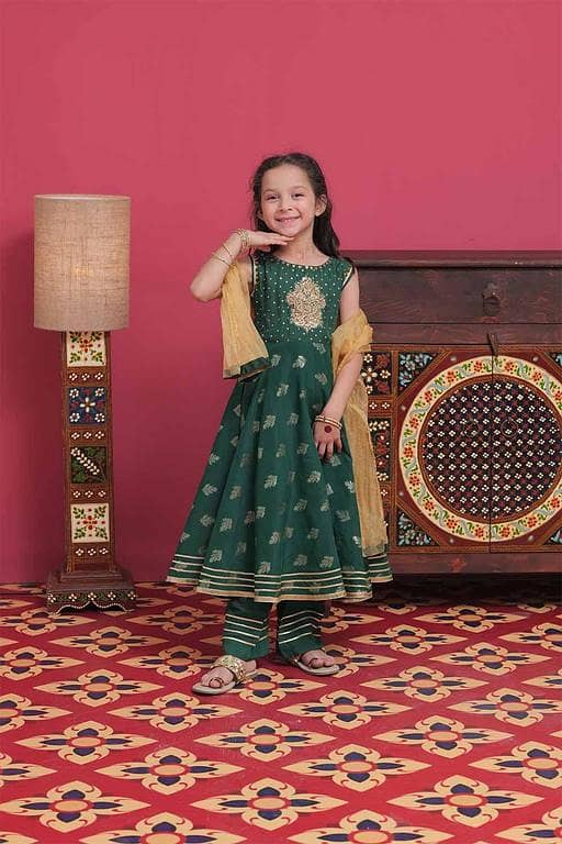 KDD-02054 | Bottle Green & Gold | Formal 3 Piece Suit | Banarsi Viscose Jacquard