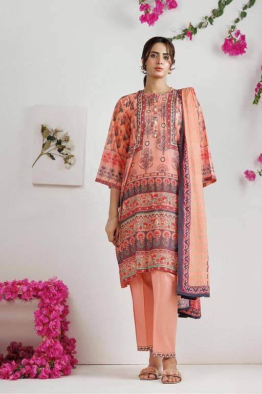 LAD-03011 | Peach & Multicolor | Casual 3 Piece Suit | Cotton  Lawn Printed
