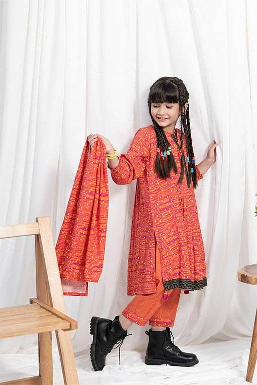 KAD-02085 | Orange & Multicolor | Casual 3 Piece Suit | Viscose Acrylic Linen Printed