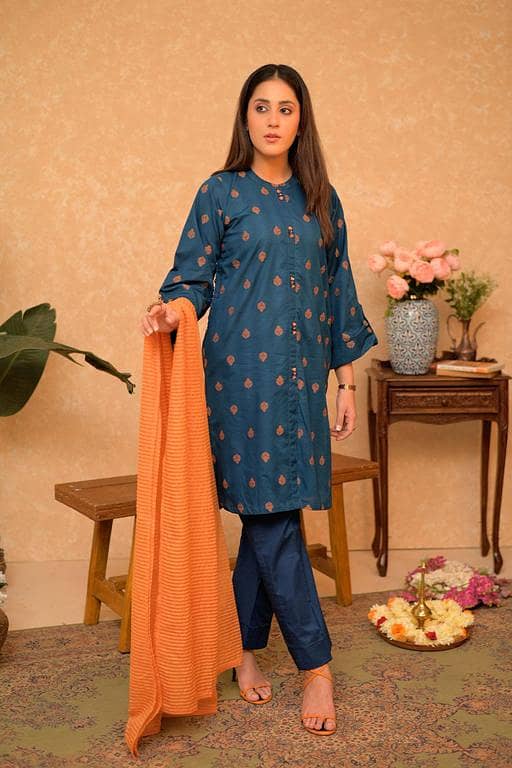 LAD-02919 | Blue & Orange | Casual 3 Piece Suit | Cotton Jacquard