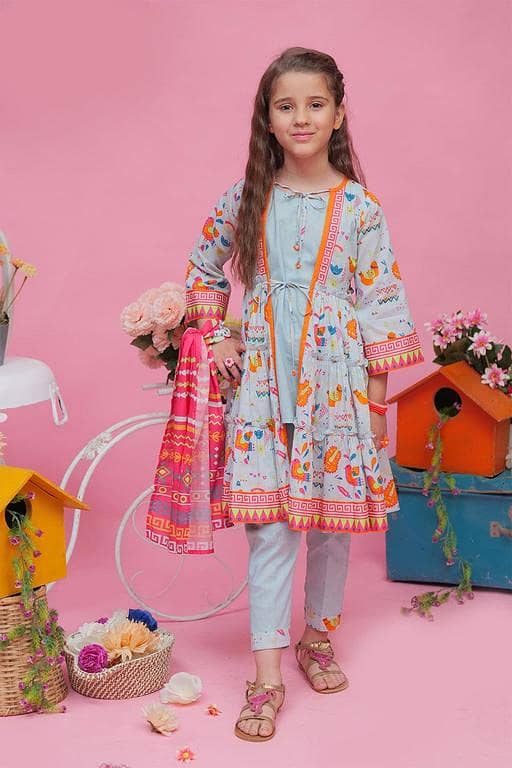 Casual 3 Piece Suit | Cotton Lawn Print | Light Blue & Muliticolor | KAD-01957